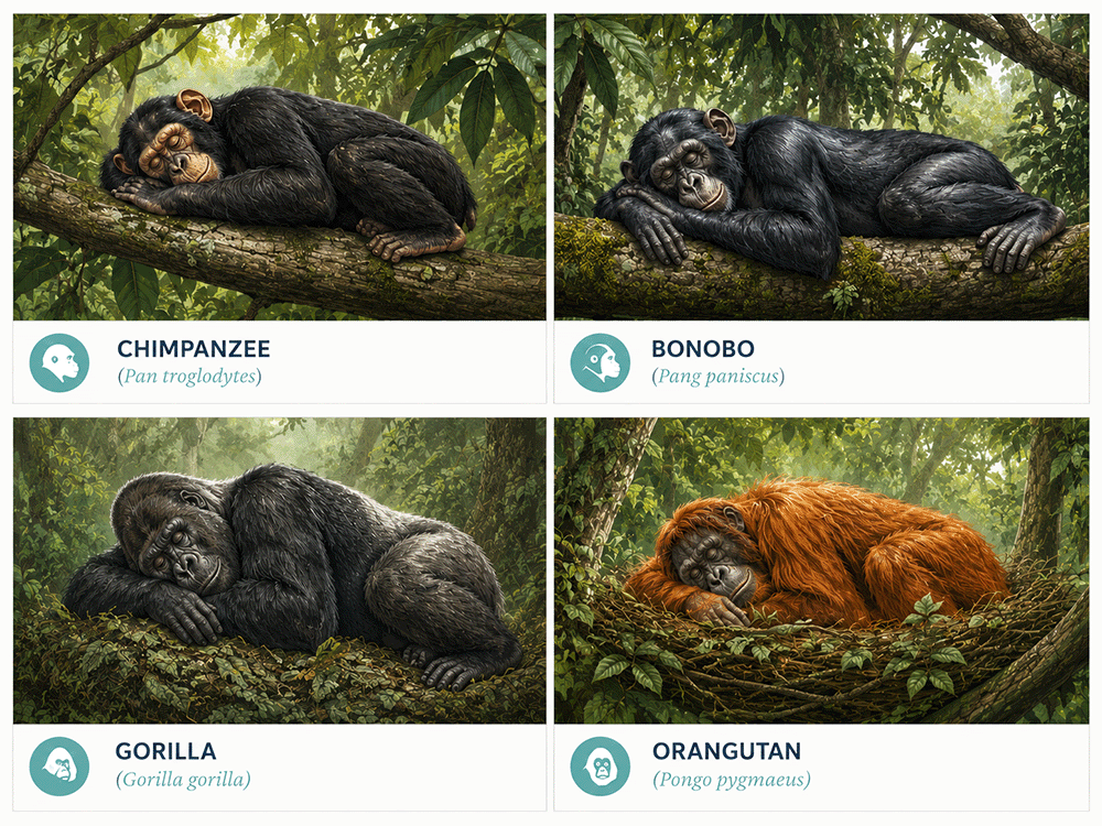 Great apes resting on their sides in their natural habitats